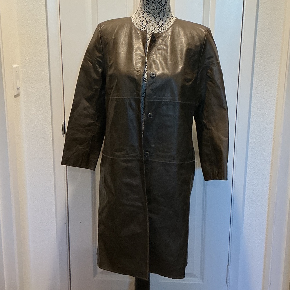 BR VINTAGE Y2K Long Leather Coat in Dark Olive - Minimal Collarless Design